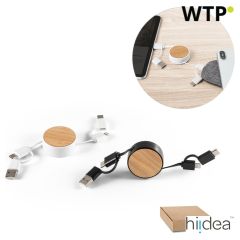 RUBINS, 6-in-1 ausziehbares USB-Kabel aus recyceltem ABS (100% rABS) und Bambus, Weiß, 97091-106